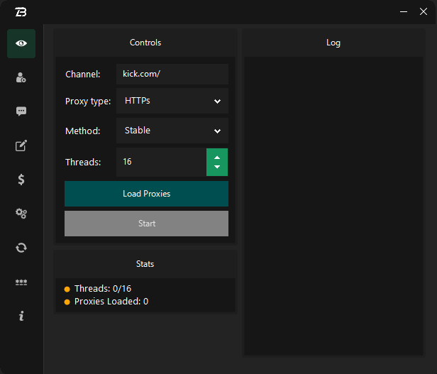 Preview of 'LuxBot.gg' viewbot for kick.com showing kick bot features & GUI