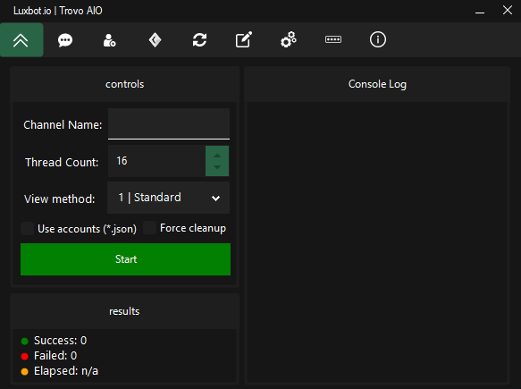 Preview of 'LuxBot.gg' AIO tool showing trovo features & GUI